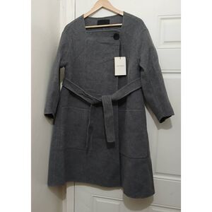 Mali studio womens small square neck flare wool belted long coat gray